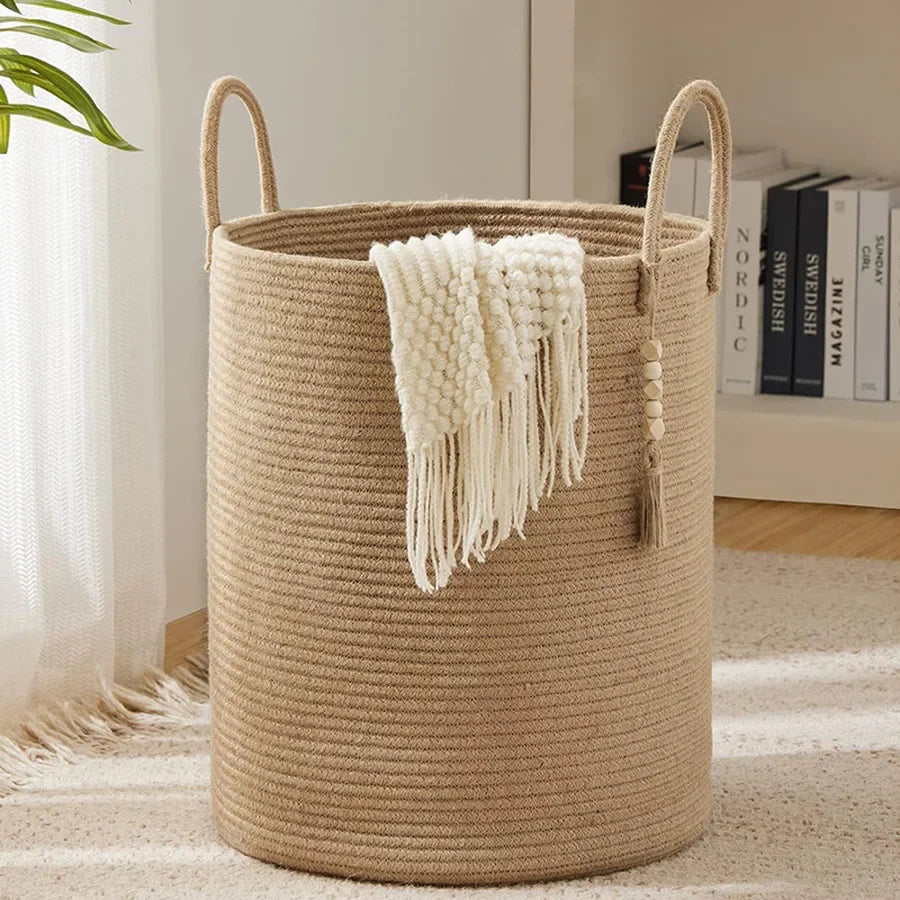 Paniora - Grand Panier de Rangement Haut – Tressé et Décoratif avec Poignées, Pliable en Corde de Coton pour Linge, Jouets et Salon