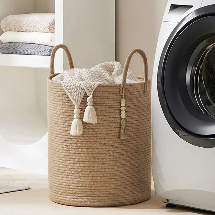 Paniora - Grand Panier de Rangement Haut – Tressé et Décoratif avec Poignées, Pliable en Corde de Coton pour Linge, Jouets et Salon