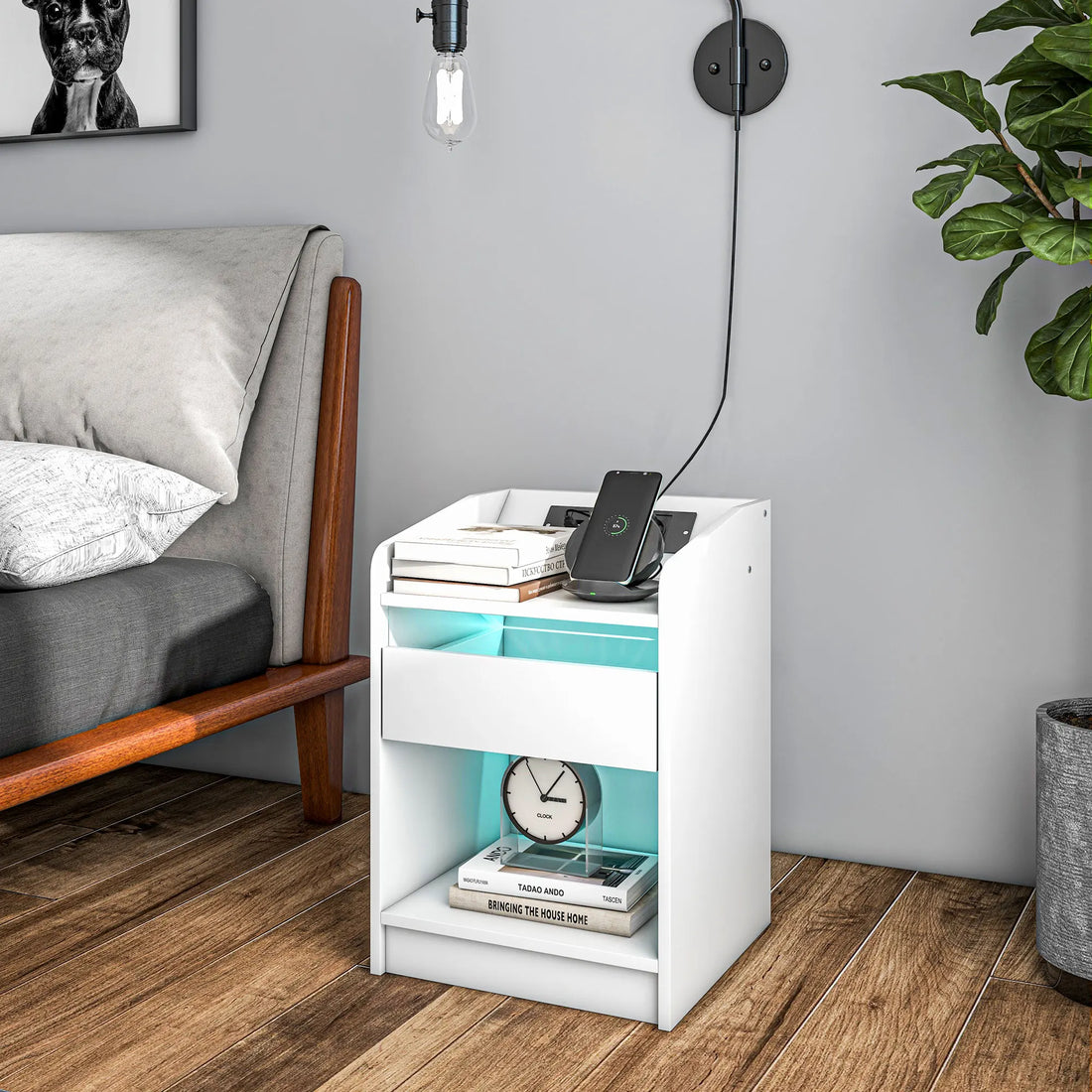 Lunight – Table de chevet LED avec station de charge intégrée | 40x40x58 cm – Blanc
