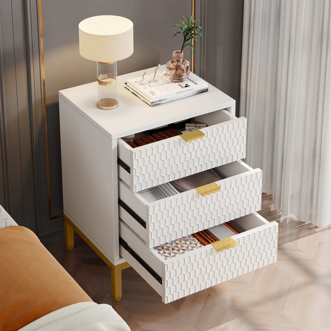 Hexavia – Table de chevet moderne 65,5 cm avec 3 tiroirs | Bout de canapé design avec rangements intégrés