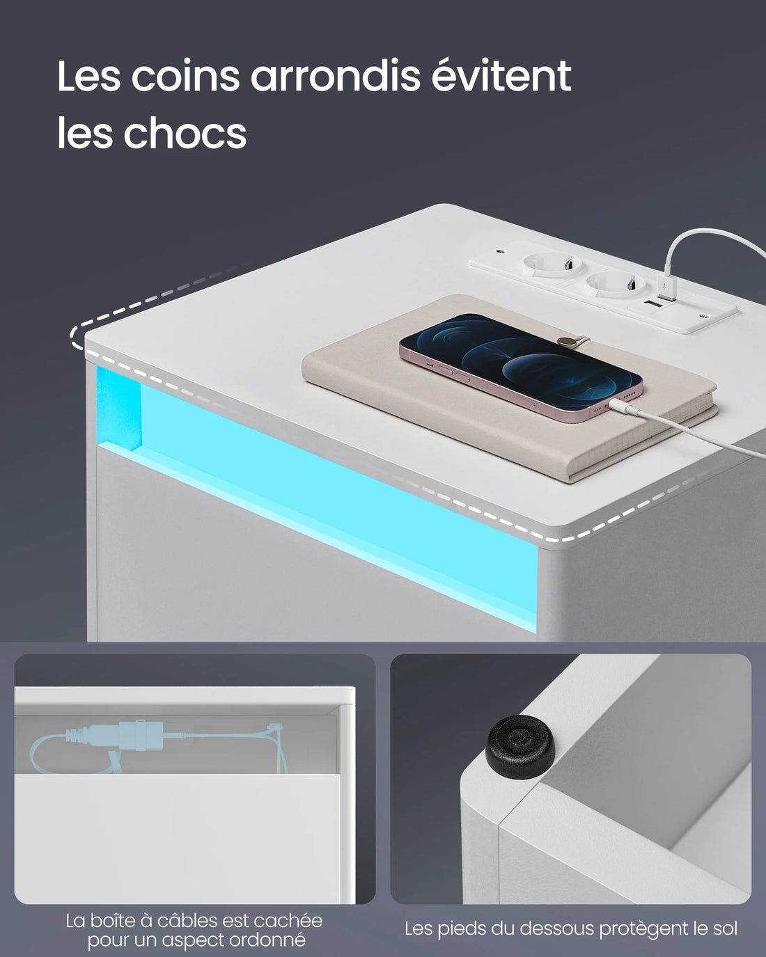 Modéna – Table de chevet avec éclairage LED réglable, tiroir et station de charge | 2 prises + 2 ports USB