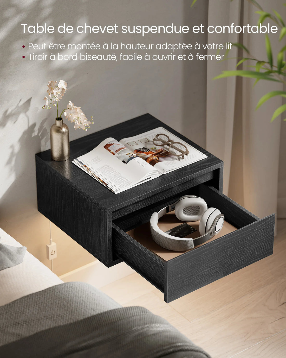 Modéna – Table de chevet murale avec éclairage LED 3 couleurs | Étagère flottante avec tiroir 35 x 40 x 18 cm